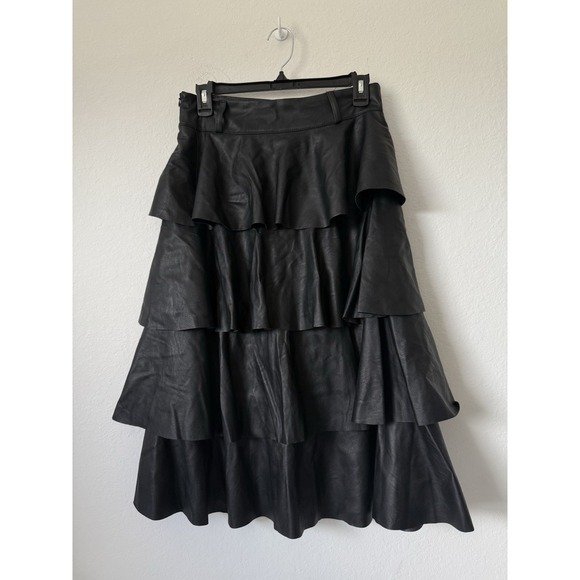 Made in Italy Women's M Black Tiered Maxi Faux Leather Skirt Boho Ruffle Overlay - Picture 2 of 6